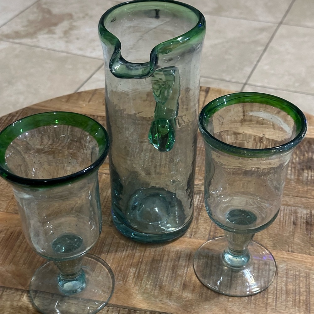 3 Piece Mexican Hand Blown Sangria Margarita Green Glasses And Pitcher